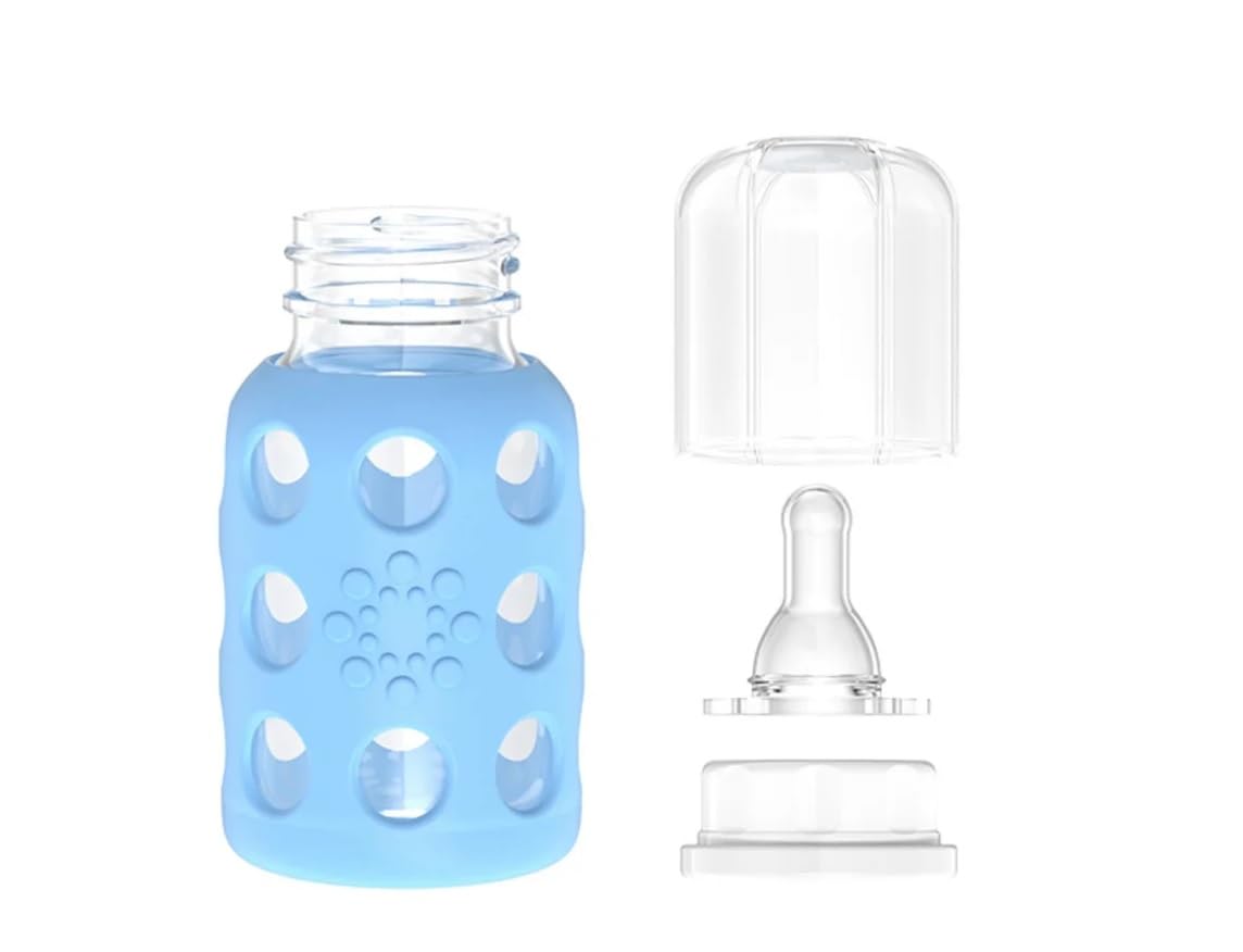 Lifefactory - Biberón de vidrio con funda de silicona, 4 onzas, juego de 2 unidades, color amarillo/azul cielo