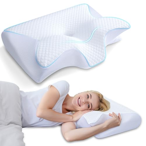 HOMCA Almohada cervical ortopédica de espuma viscoelástica 2 en 1, almohada ergonómica para espalda, de lado y boca abajo, 60 x 13/11 x 40 cm
