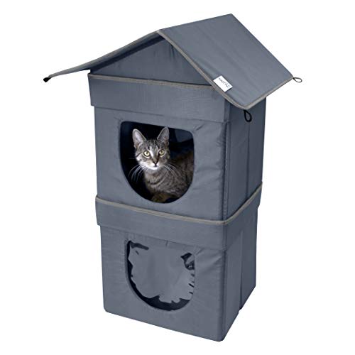 Kitty City Condominio para gatos al aire libre de 2 niveles, cama grande para gato, cubo apilable, cama lavable, casa para gatos interior/condominio, gris (CM-10077-CS01)