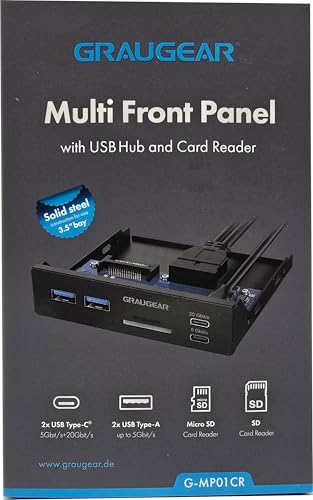 GRAUGEAR Hub USB de panel frontal de 3.5 pulgadas con lector de tarjetas interno, USB 3.2 Gen2 USB-C, puertos USB 3.0, ranuras para tarjetas SD MicroSD/TF, cabezal de llave A de 20 pines y conexión de alimentación SATA, bahía de 3.5 pulgadas [G-MP01CR]