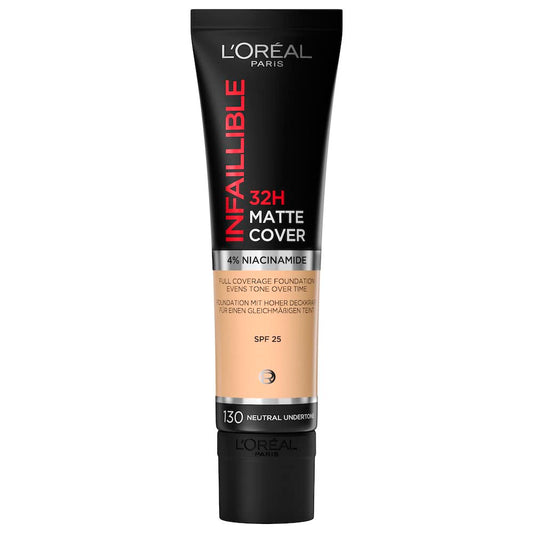 L'Oréal Paris, base de maquillaje de alta cobertura matte y larga duración, Infallible 32h Matte Cover, Tono 130 Neutral
