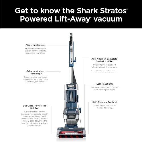 Shark Aspiradora Vertical, Stratos con DuoClean PowerFins, HairPro, Powered Lift-Away, Rodillo de Cepillo para Polvo autolimpiante y tecnología de neutralización de olores, Azul Marino, AZ3002