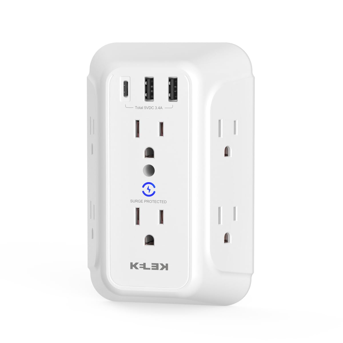 Multicontacto KELEK Blanco 6 Salidas con Puertos USB-A y USB-C y Supresor de Picos para Hogar, Oficina, Dormitorio