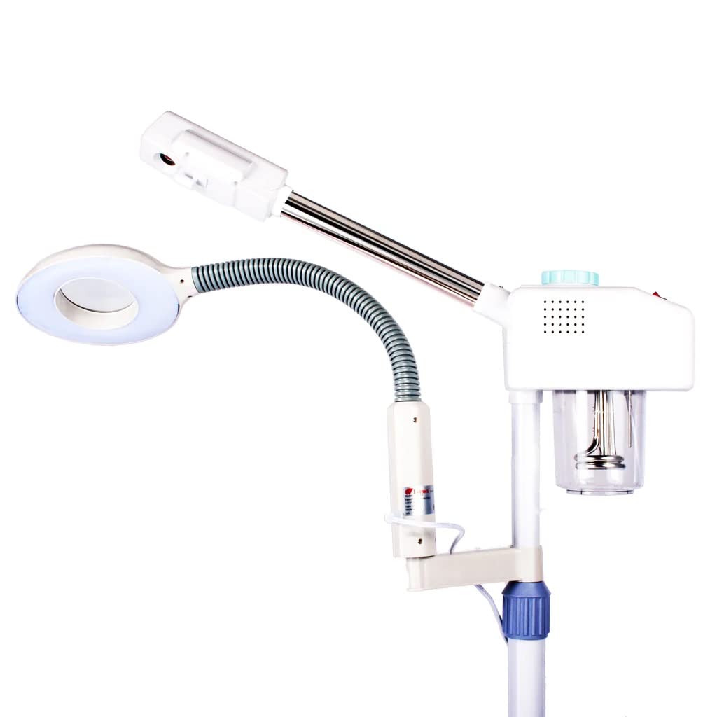Vaporizador Generación de Ozono con Lupa y Luz Led Pedestal Facial Spa Salon de Belleza Barberia Vapor caliente abre los poros y suaviza la piel Letmex BM3058