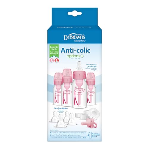 Dr. Brown's Options Slow Flow Bottle Set for Breastfed Baby, 4 Ounce, Pink