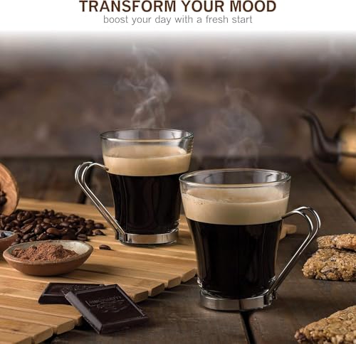 Bormioli Rocco Oslo - Vasos de vidrio para Cappuccino, juego de 4 | Vidrio templado, manijas ergonómicas de acero inoxidable, aptas para lavavajillas | Para bebidas de café, bebidas, Latte, Macchiato, Espresso, Mocha y más