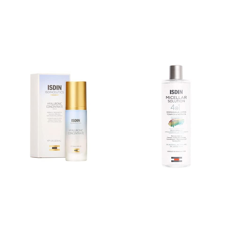 ISDIN Isdinceutics hyaluronic concentrate, serum facial ligero y ultrahidratante, con acido hialuronico - 30ml + Micellar Solution 4 en 1 Agua Micelar: Limpia, Desmaquilla, Hidrata y Tonifica, 400ml