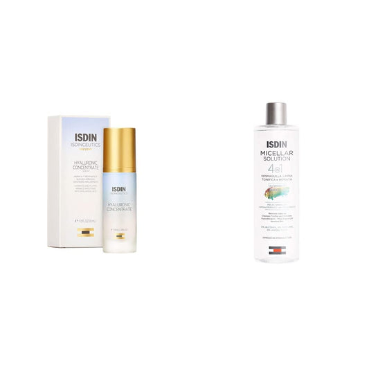 ISDIN Isdinceutics hyaluronic concentrate, serum facial ligero y ultrahidratante, con acido hialuronico - 30ml + Micellar Solution 4 en 1 Agua Micelar: Limpia, Desmaquilla, Hidrata y Tonifica, 400ml