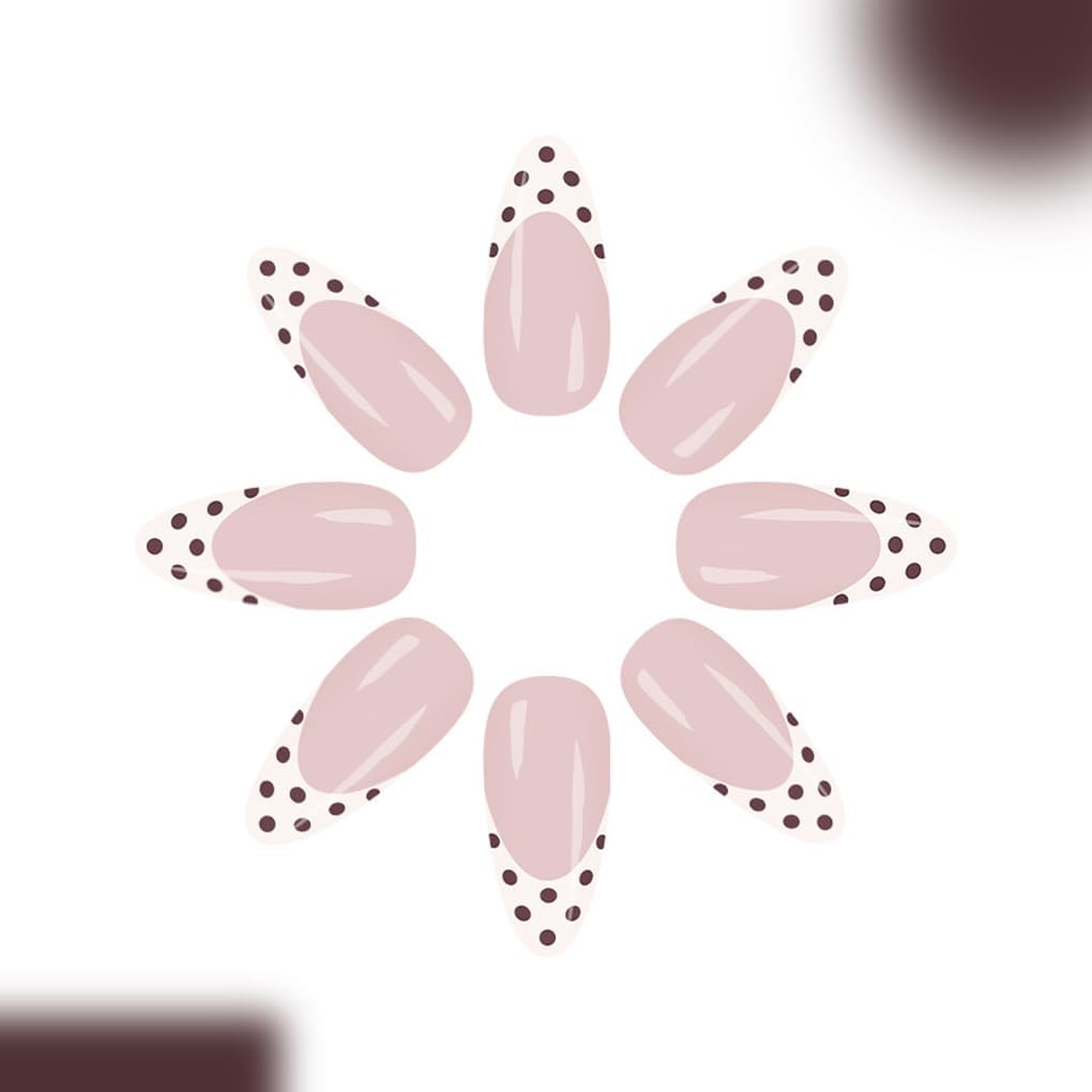 SXVME Uñas postizas con punta francesa en blanco lechoso, almendra, lunares medianos, diseño de lunares marrones, reutilizables, con pegamento de gel suave para mujer (24 unidades)