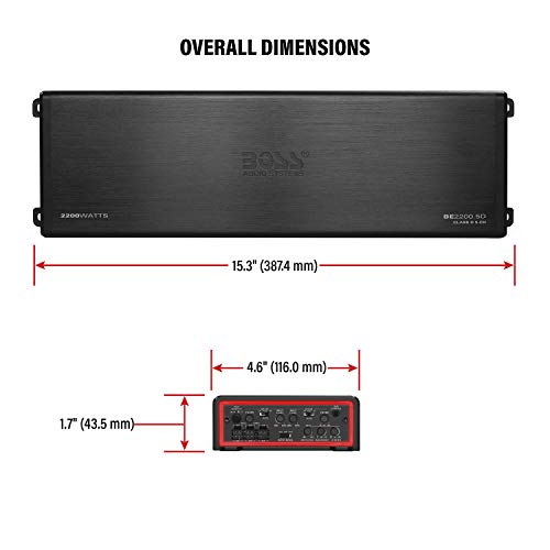 BOSS Audio Systems Elite BE2200.5D Amplificador de Coche de 5 Canales Clase D 2200 W, 2 Ohm Estable, Digital, Rango Completo, Fuente de alimentación Mosfet, Ideal para Altavoces y subwoofers