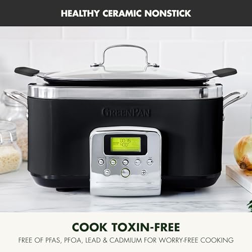 GreenPan Elite 8 en 1 - Olla de cocción lenta eléctrica programable de 6 cuartos de galón, tapa apta para lavaplatos y rejilla extraíble, sin PFAS de cerámica saludable, antiadherente, Sear, saltar