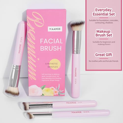 MAANGE Set de Brochas de Maquillaje 4 Piezas Brochas de Maquillaje Profesional Brocha para Base de Maquillaje con Caja de Regalo(Rosado)