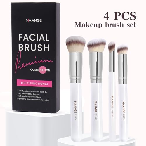 MAANGE Set de Brochas de Maquillaje 4 Piezas Brochas de Maquillaje Profesional Brocha para Base de Maquillaje con Caja de Regalo(Blanco)