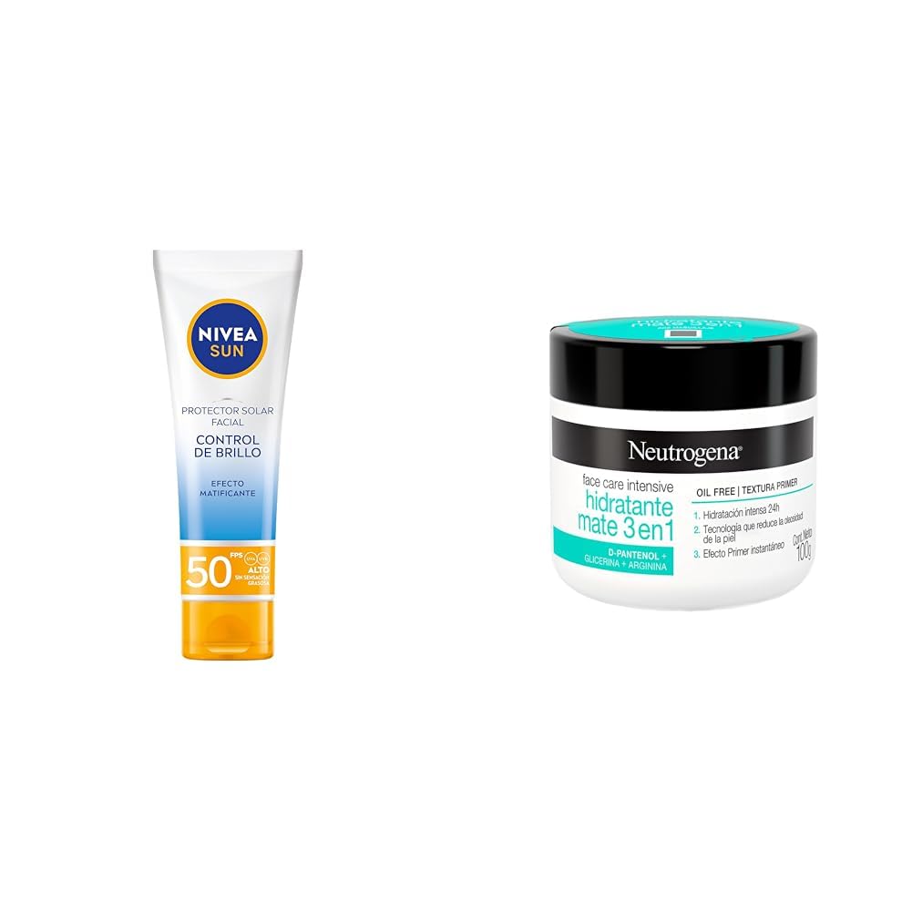 NIVEA SUN Protector Solar Facial Control De Brillo (50 ml), FPS 50+, Efecto Matificante Larga Duración + Neutrogena Crema Hidratante Facial Mate 3 en 1 Face Care Intensive D Pantenol 100g