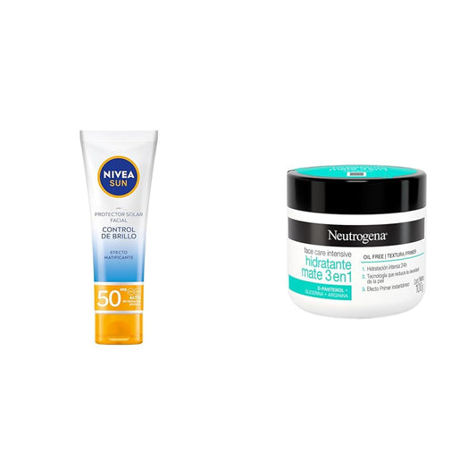 NIVEA SUN Protector Solar Facial Control De Brillo (50 ml), FPS 50+, Efecto Matificante Larga Duración + Neutrogena Crema Hidratante Facial Mate 3 en 1 Face Care Intensive D Pantenol 100g