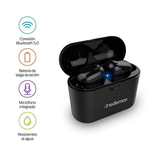 Redlemon Audífonos Bluetooth 5.0 Inalámbricos TWS con Base de Carga, Sonido High Definition, Resistentes a Salpicaduras de Agua y Polvo IP54, Manos Libres, Batería Recargable de Larga Duración
