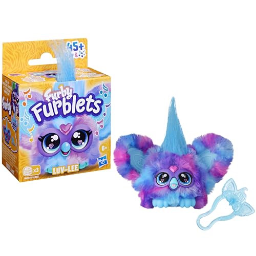 Furby Furblets Peluche Miniamigo Luv-Lee con más de 45 Sonidos, música K-Pop y Frases en Furbish Colores Morado y Azul, Incluye Llavero para Colgar, + 6 años