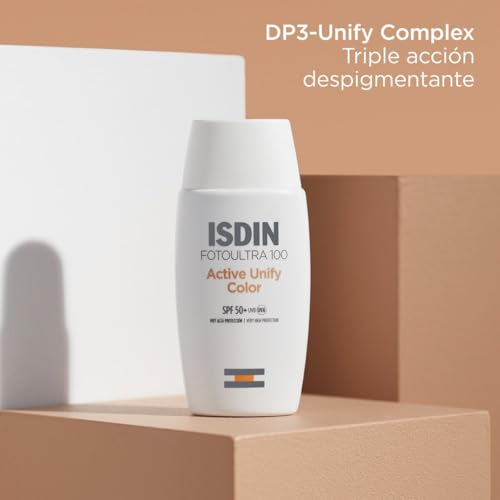 Protector Solar Facial ISDIN FotoUltra 100 Active Unify SPF 50+ con color, Aclara y Unifica el Tono de Piel