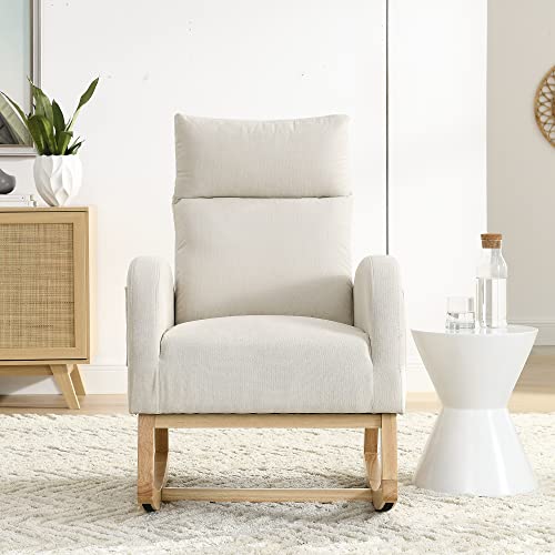 Krinana - Mecedora de guardería con patas de madera maciza, silla planeadora para guardería con dos bolsillos laterales, sillón basculante para sala de estar, recámara (beige, tela de lino)