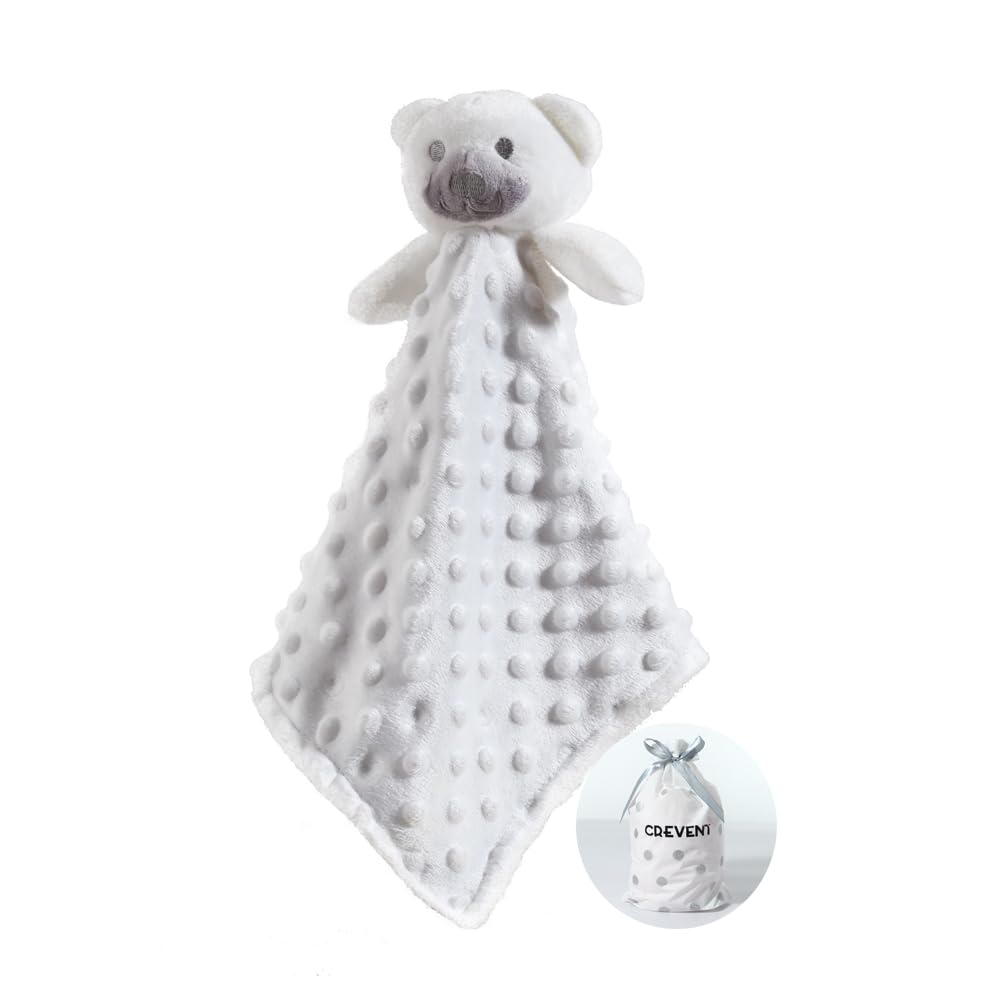 CREVENT Juguete Suave y Bonito para Acurrucarse Blankies de Seguridad para Bebé Unisex, Frente de Lunares Minky + Dorso de Sherpa (Oso Blanco)