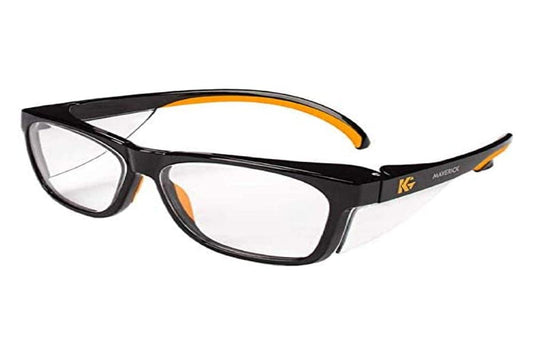 KleenGuard™ Maverick - Protección ocular (49312), lentes transparentes antirreflejos con marco negro y puntas naranjas (cantidad 1)