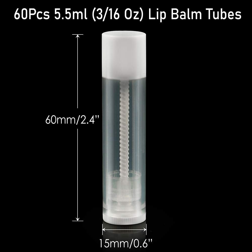 LotFancy 60 tubos de bálsamo labial vacíos, 5,5 ml (3/16 onzas), tubos transparentes con tapas blancas, sin BPA y sin fugas, rellenables, para maquillaje cosmético DIY