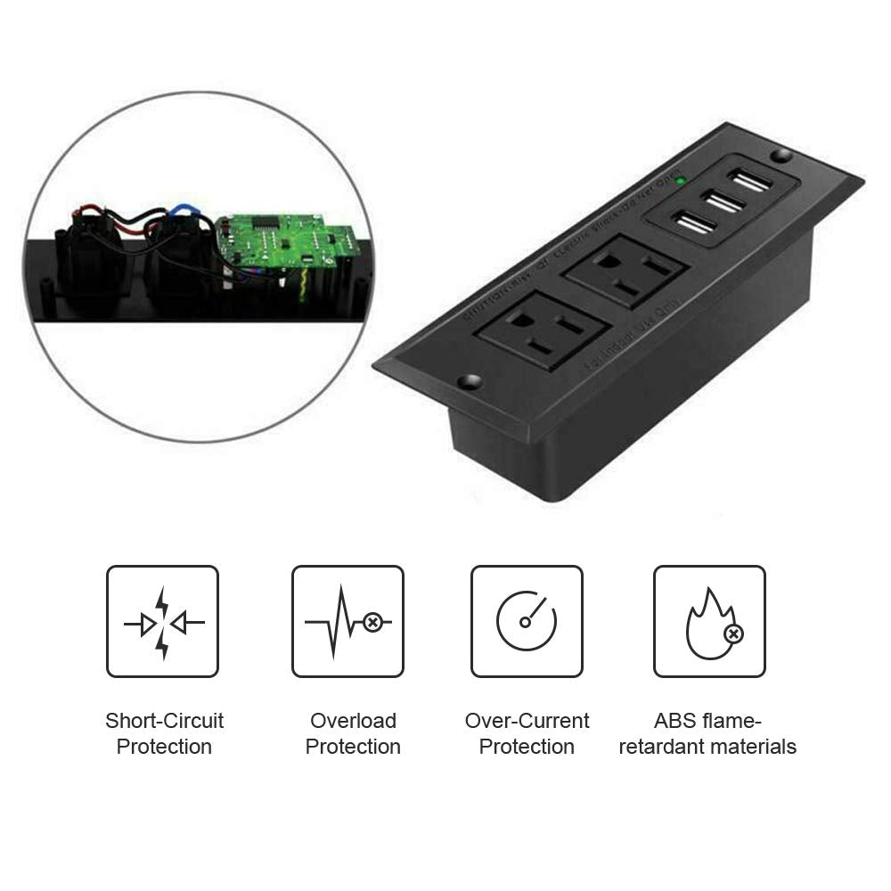 Enchufe empotrado para conferencias con puertos USB, tira de alimentación de mesa, estación de carga de computadora con 2 tomas de corriente y 3 puertos USB (máximo 3,5 A)