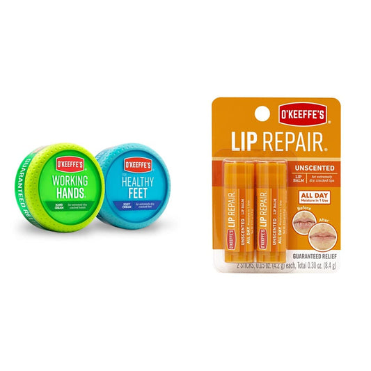 Crema Manos O'Keeffe's y Pies Saludables Bálsamo Labial sin Perfume Paquete 2 Unidades