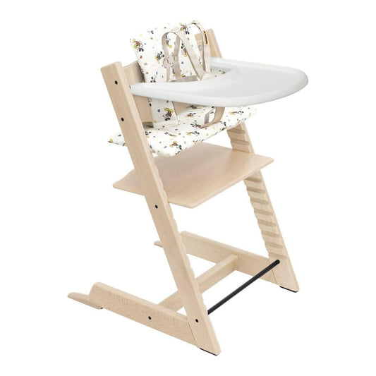 Stokke - Silla alta Tripp Trapp Cojín + Bandeja Stokke (Blanco) - Incluye Silla + Set de Bebé con Arnés Extraíble para Niños de 6 a 36 Meses (Natural Mickey)
