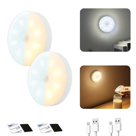 KIWOP 2 Colores Luz Led con Sensor de Movimiento, 2 PCS Led Luz Nocturna Recargable Usb, Luz Blanca 6000k & Luz Cálida 3000k, Diseño Magnético, 4 Modos Iluminación, 10 Horas Iluminación Continua.