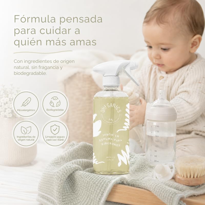 OH! GANICS Jabón Espuma para Biberones 500 ml, Ligera y Sin Fragancia