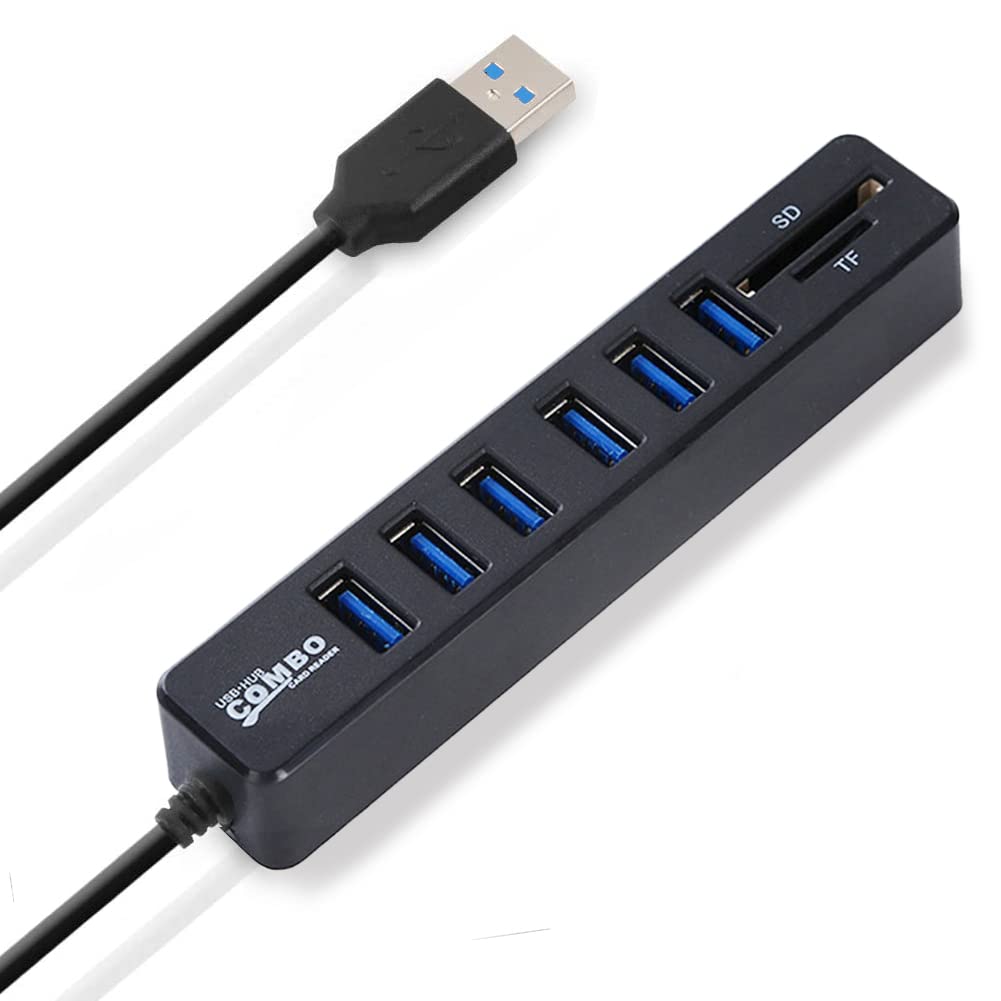 CARYWON Hub USB, Adaptador Extensión USB con 6 Puertos USB 2.0, Lector de Tarjetas SD/TF, 8 en 1 Puerto Portátil USB 2.0 para Macbook Air, iMac, Windows Surface, Ultrabook y Otro Laptop o PC, Negro