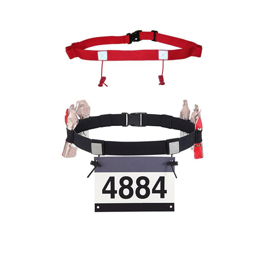 Cinturón de Números de Carrera con 6 Bucles de Gel, 2 Pcs Cinturón de Carreras de Triatlón, Cinturón Elástico para Correr con Tiras Reflectantes, Ajustable, para Triatlón, Maratón (Negro & Rojo)