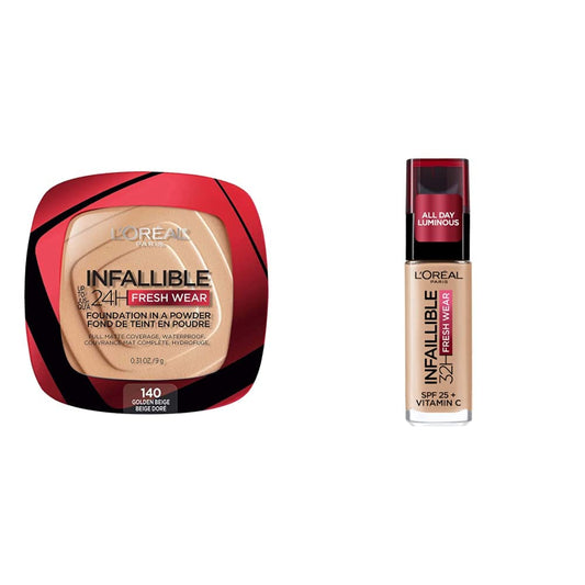 L'Oréal Paris, Base de maquillaje en polvo y líquida de larga duración, Infallible 24h Freshwear y 32h, Tono 140 Golden Beige, 9gr + 30ml