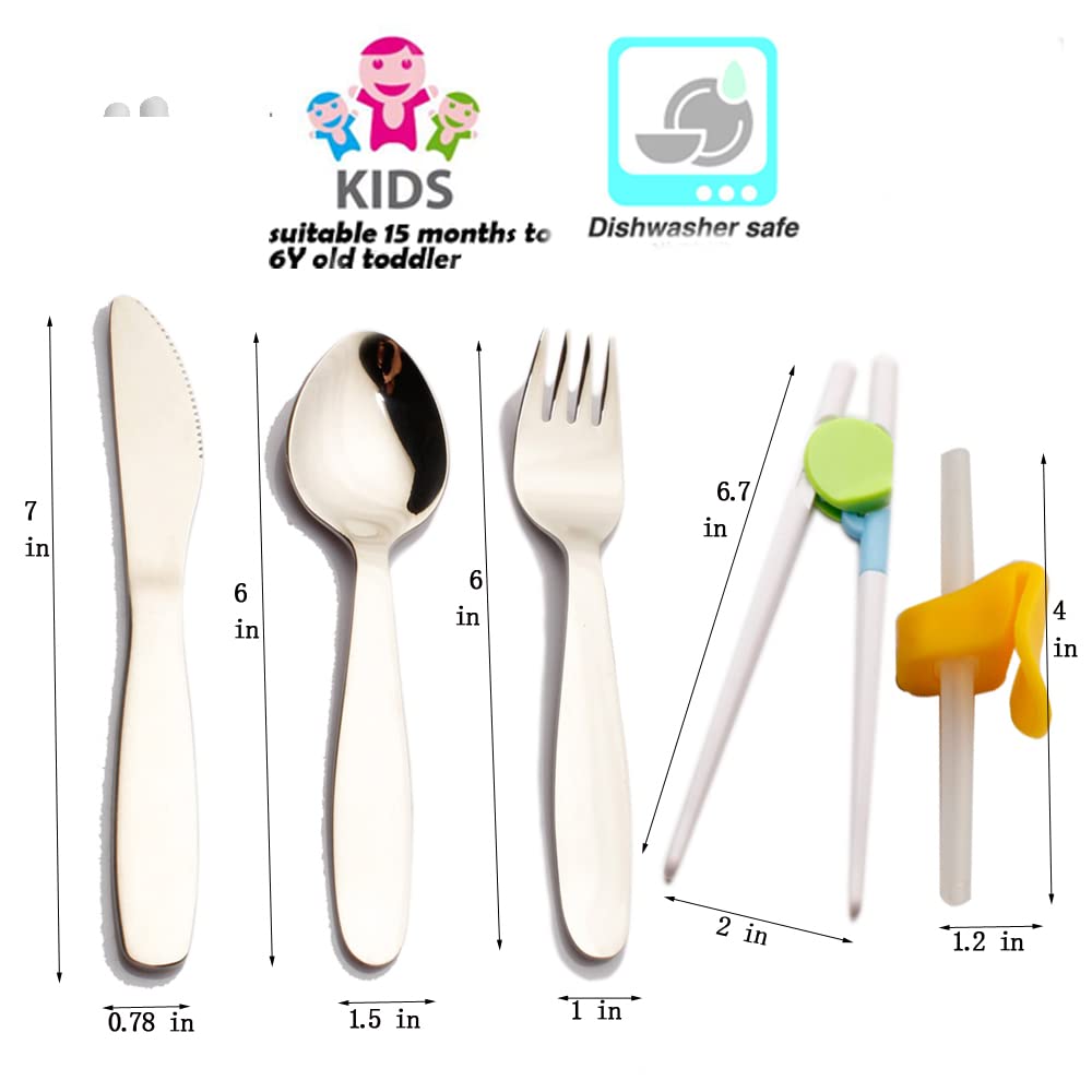 Enwinner Juego de cubiertos y cucharas para niños pequeños, cucharas de bebé, con pajitas para trazar palillos para niños (plata)