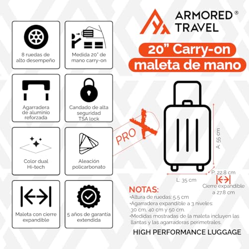 Maleta De Viaje Carry On 20" de Mano Cabina Policarbonato 10kg Rígida Expandible PRO-X Con * TSA Lock * Luggage suitcase Armored Travel (Marte-Roja)