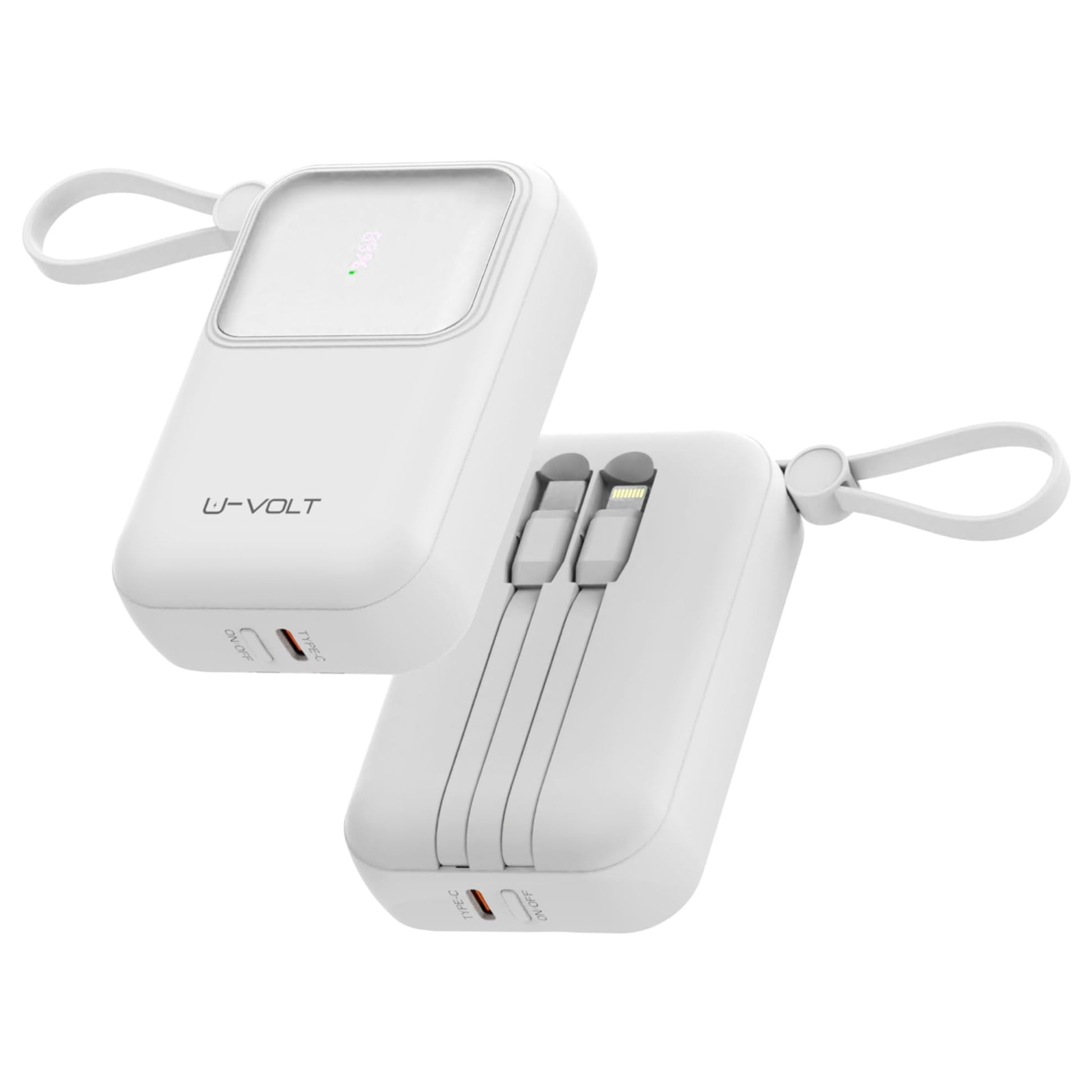 CELULARTE Power Bank U-Volt 10,000 mAh con Cables Integrados, Carga Rápida 22.5W, Batería Portátil con Pantalla Digital para iPhone, Samsung, Xiaomi, iPad y Más (Blanco)
