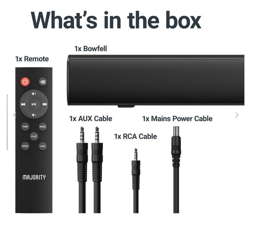 Majority Bowfell - Barra de sonido pequeña para TV con Bluetooth, RCA, USB, Opt, conexión AUX, mini sistema de sonido/audio para altavoces de TV/cine en casa, juegos, proyectores, 50 W, 15 pulgadas