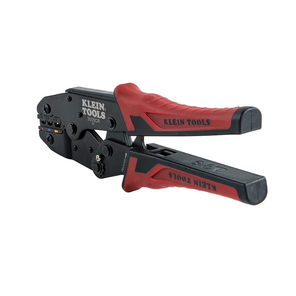 KLEIN TOOLS 3005CR | Pinza Ponchadora con Aislamiento | Ponchado Preciso y Seguro | Diseño Ergonómico y Ajustable | Ponchadora | Terminales eléctricas | 10-22 AWG | Tres Cavidades y Matraca Integrada