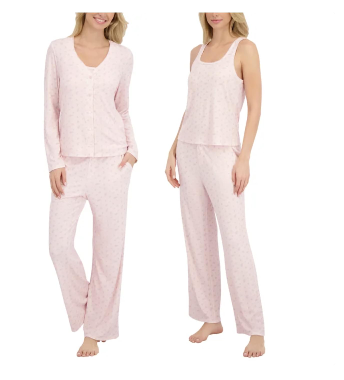 Live2Lounge Conjunto de pijama de tres piezas para mujer con ribete de punto picot, cárdigan, camiseta sin mangas y pantalón (EE. UU., Alpha, Grande, Regular, Regular, Rosa (Floral))