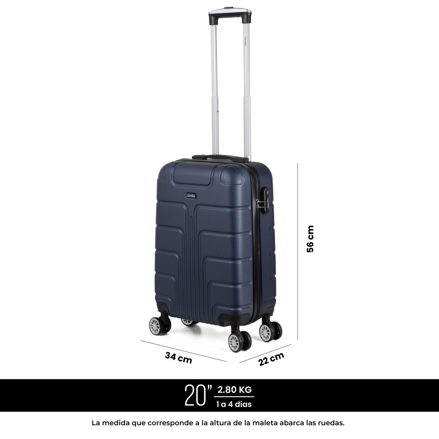 RUMBO | Maleta de Viaje Carry On 20 Pulgadas – Maleta Rígida Resistente Azul Marino – 4 Ruedas 360, Asa Telescópica y Candado de Seguridad – Material ABS Ultra Resistente – Cabina Equipaje de Mano