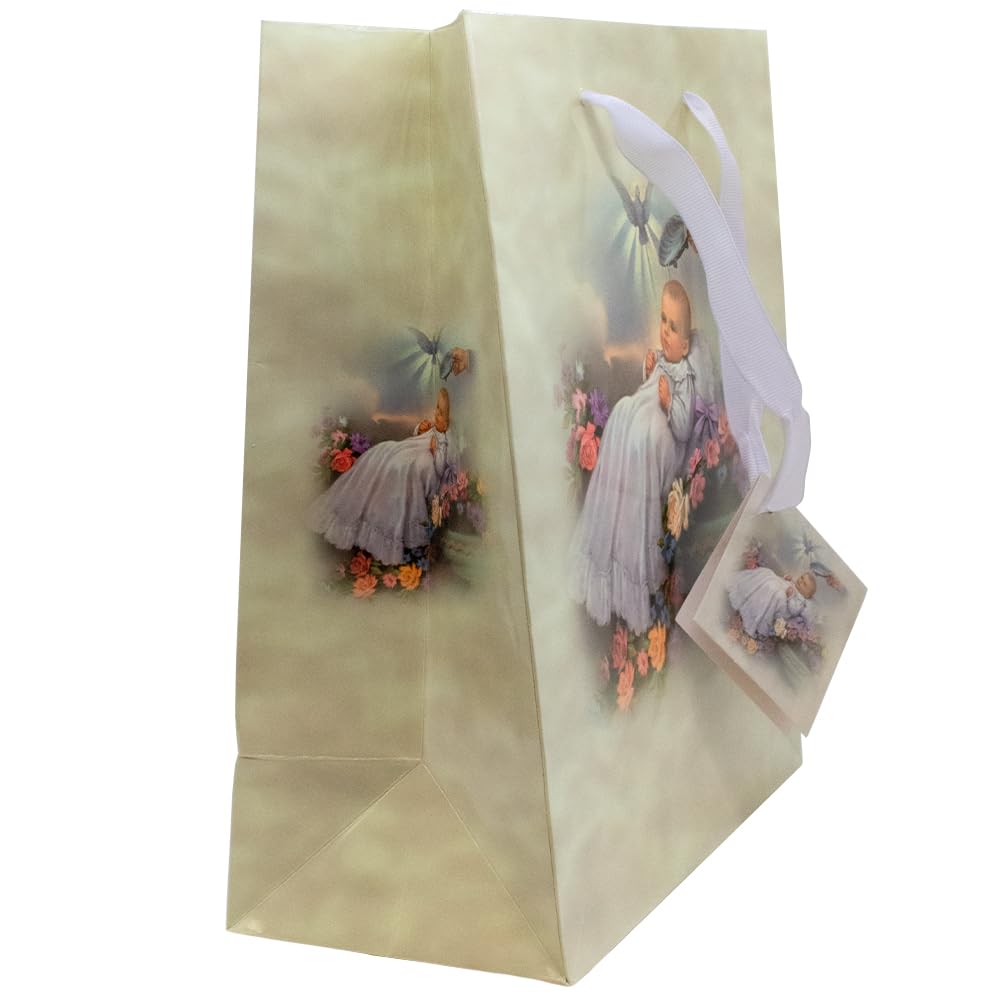 Bolsa de regalo de 10 pulgadas con diseño de bautismo | Incluye papel de seda y etiqueta de regalo | Gran envoltura de regalo para ocasiones católicas y cristianas | Bautismo, bautizo y baby shower