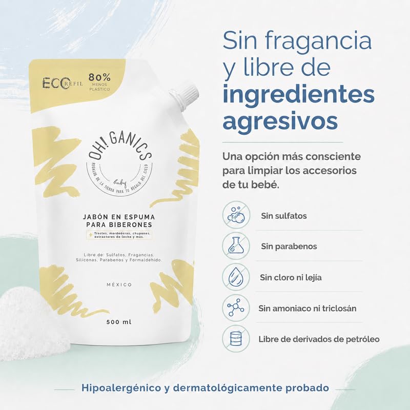OH! GANICS Jabón en Espuma Refill para la Limpieza de los Biberones de Bebé Sin Fragancia 500 ml