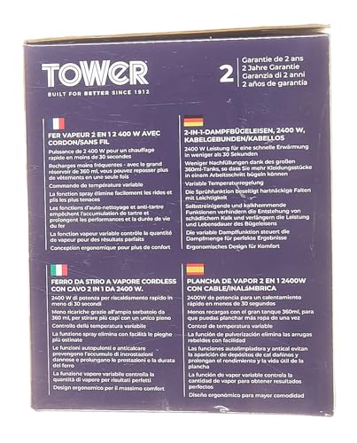 Plancha de Vapor Inalámbrica Tower CeraGlide morada con Suela de Cerámica y Vapor Variable