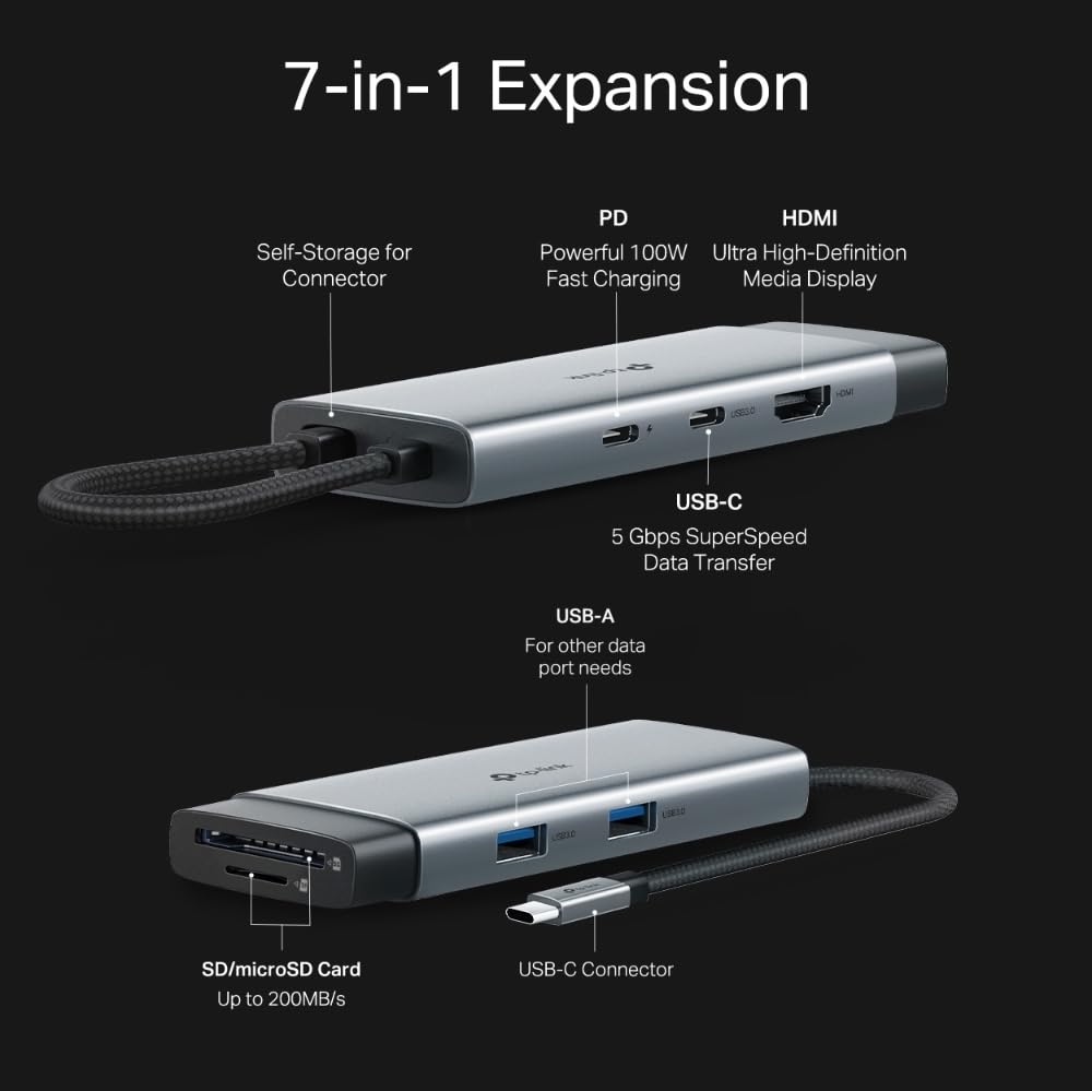 TP-Link Hub USB-C 7 en 1, HDMI 4K 60Hz, PD 100W, SD/microSD, Puertos USB-C 5Gbps y 2× USB-A, Plug & Play, Compatible con MacOS, Windows, Linux, iPadOS, iOS, Android, ChromeOS (UH7020C)