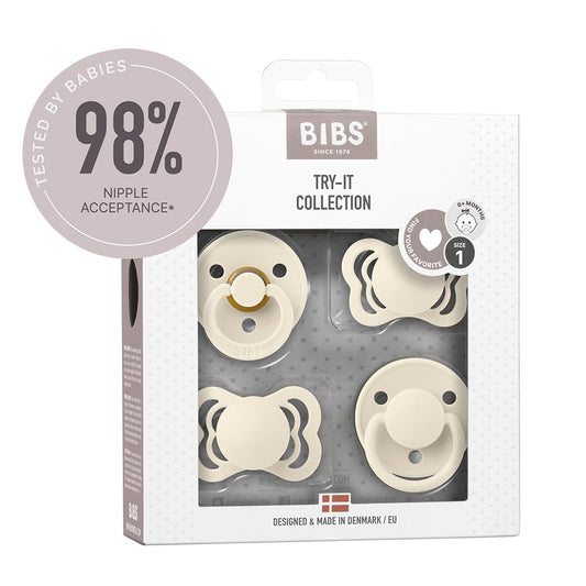 BIBS Chupones Try-it collection, Pack de 4, Tetinas variadas látex natural y silicón, Talle 1, Color Ivory, 0 a 6 meses, Hecho en Dinamarca