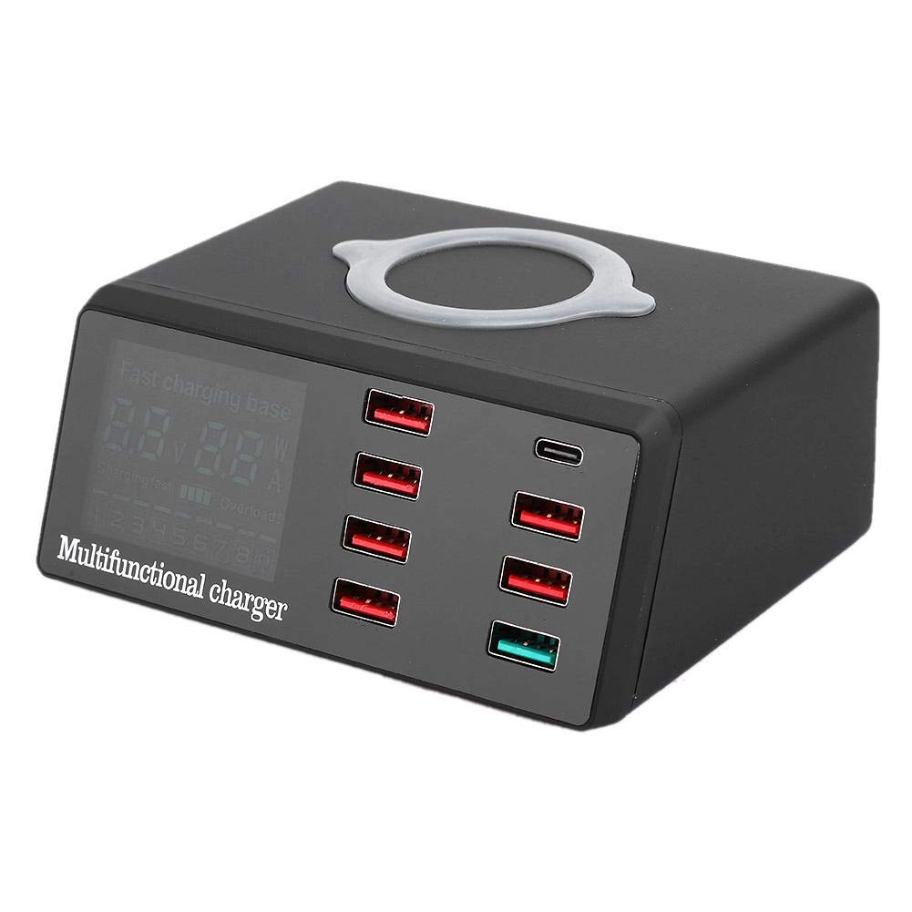 fosa1 Cargador inalámbrico de Pantalla Digital Inteligente, Cargador inalámbrico de Puertos múltiples QC3.0 Hub de estación de Carga de Escritorio con Puerto USB QC3.0(Negro US)