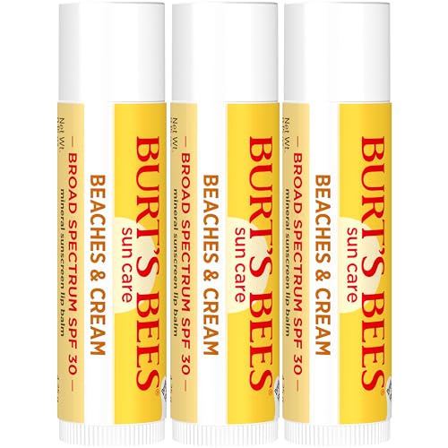 Burt's Bees Beaches and Cream Sun Care SPF 30 Lip Balm, Water-Resistant Lip Moisturizer, Nano-Free Zinc Oxide Formula, Natural Conditioning Lip Treatment, 3 Tubes, 0.15 oz