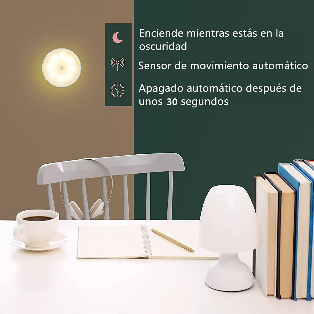 Luces de Noche LED Recargables Adhesivas Blanco Cálido con Sensor de Movimiento Paquete de 6