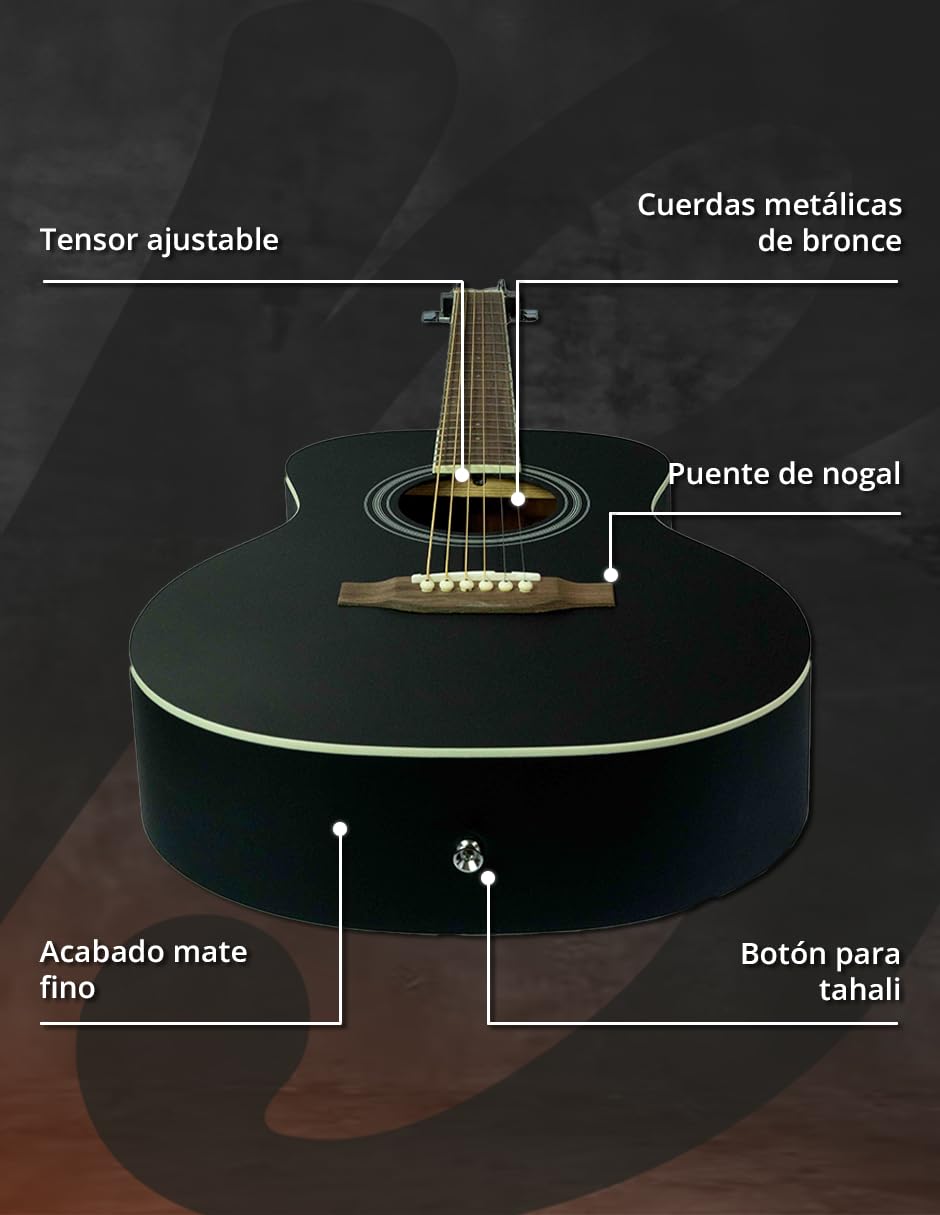 BAMBOO, Guitarra Acústica Vision Negra con Funda, 38 pulgadas, madera Linden